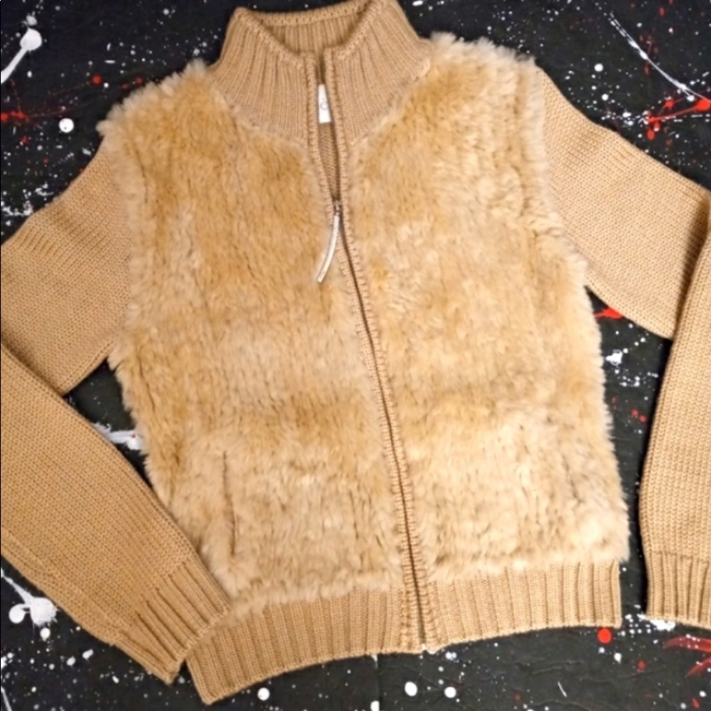 Warm sweater, real rabbit fur size S gold tan color
